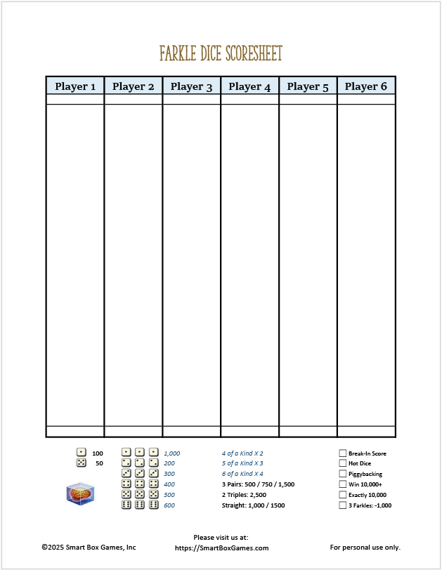 Farkle Games Scoresheet 2 from Smart Box Games Farkle Games Scoresheet 2 from Smart Box Games